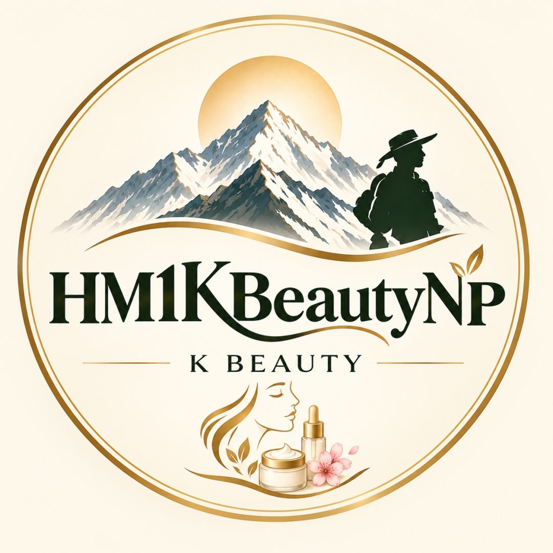 HM 1K Beauty Nepal logo with Himalayan mountains and beauty illustration